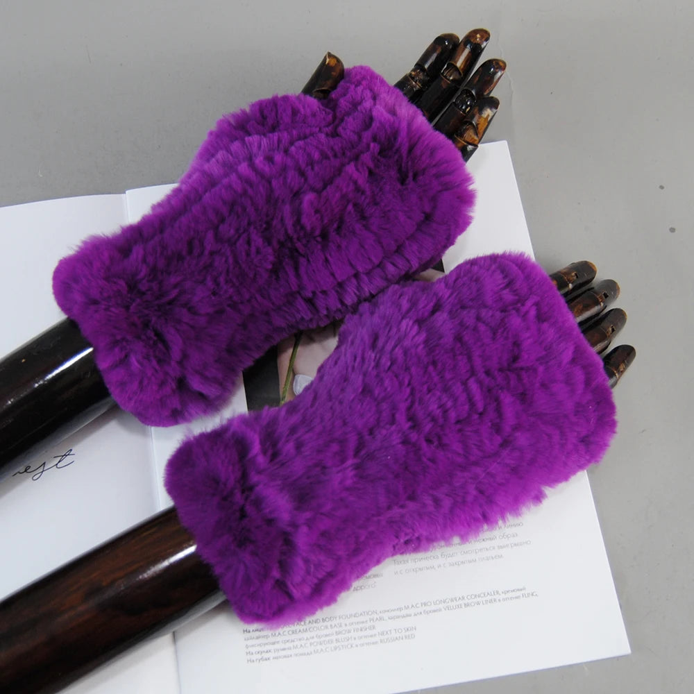 Women's Knit Fur Mitten 100% Real Genuine Knitted Rex Rabbit Fur Fingerless Gloves