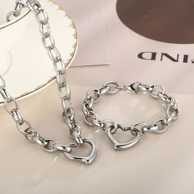 Stainless Steel Heart Pendant Necklace & Bracelet Set