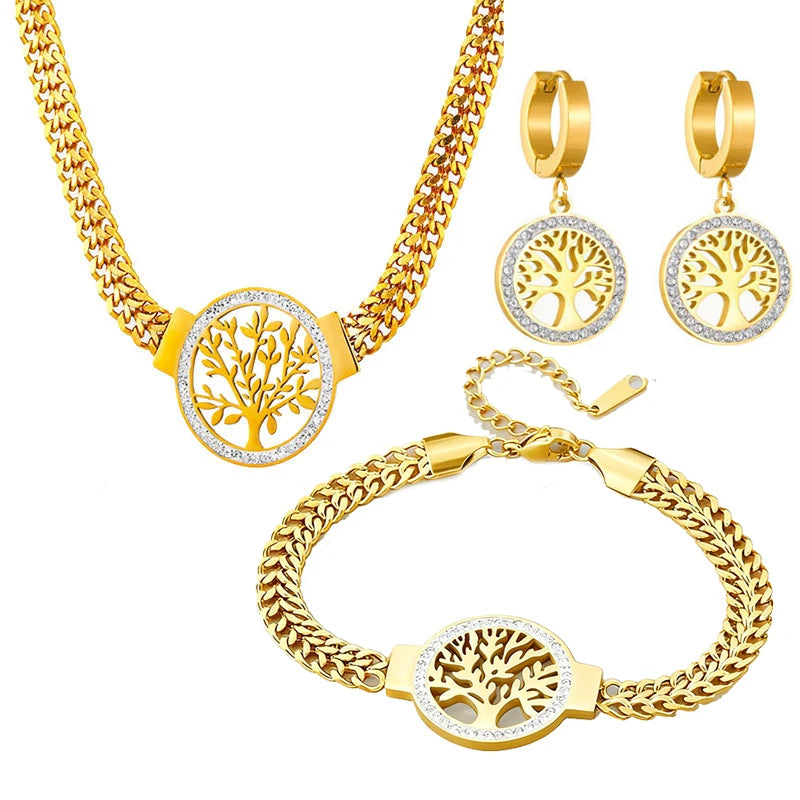 Stainless Steel Jewelry Set: Tree of Life Necklace, Bracelet & Hoop Earrings with Cubic Zirconia Accents