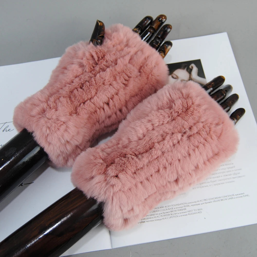 Women's Knit Fur Mitten 100% Real Genuine Knitted Rex Rabbit Fur Fingerless Gloves