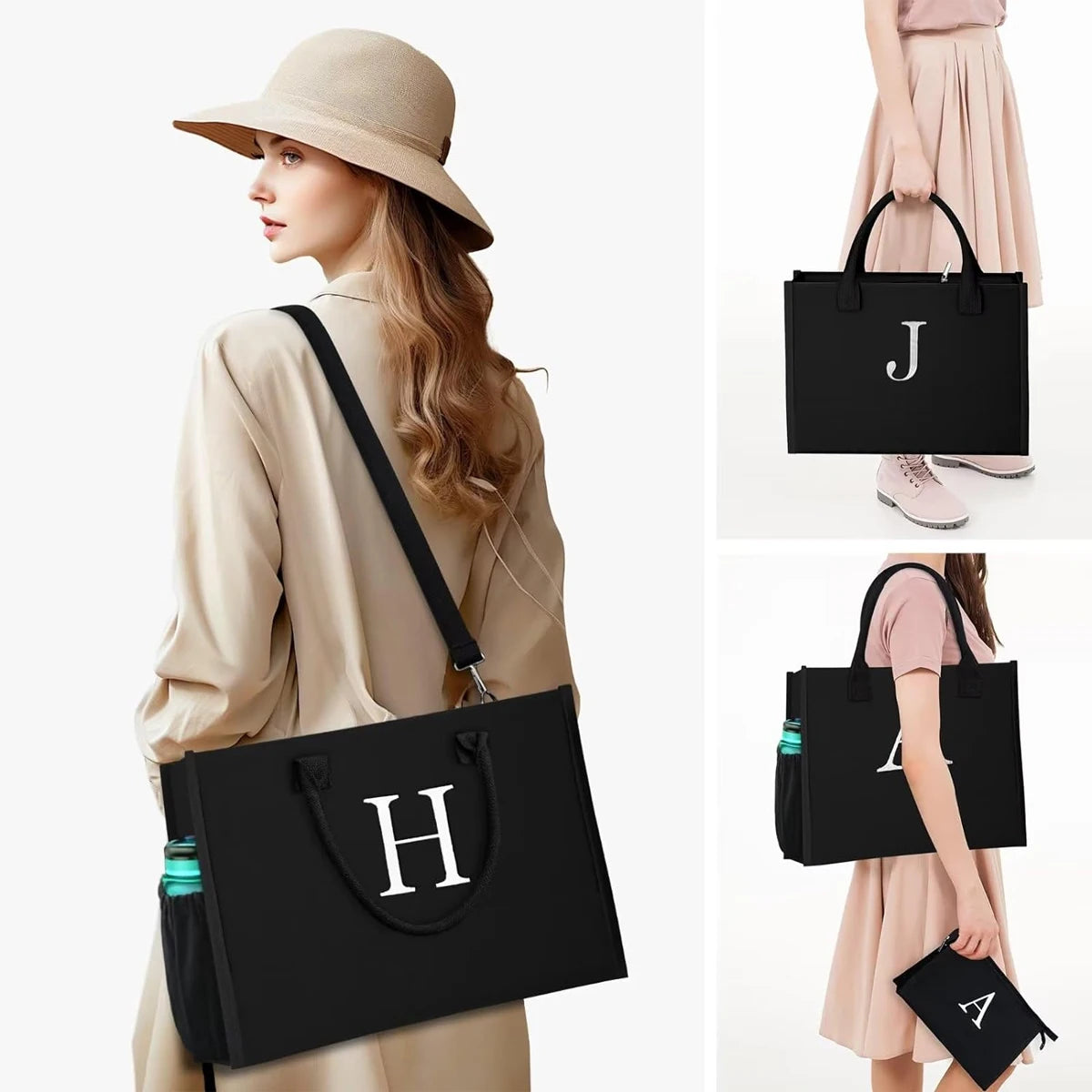 Canvas Tote Bag Set With Letter Embroidery Large Waterproof - Free Shipping