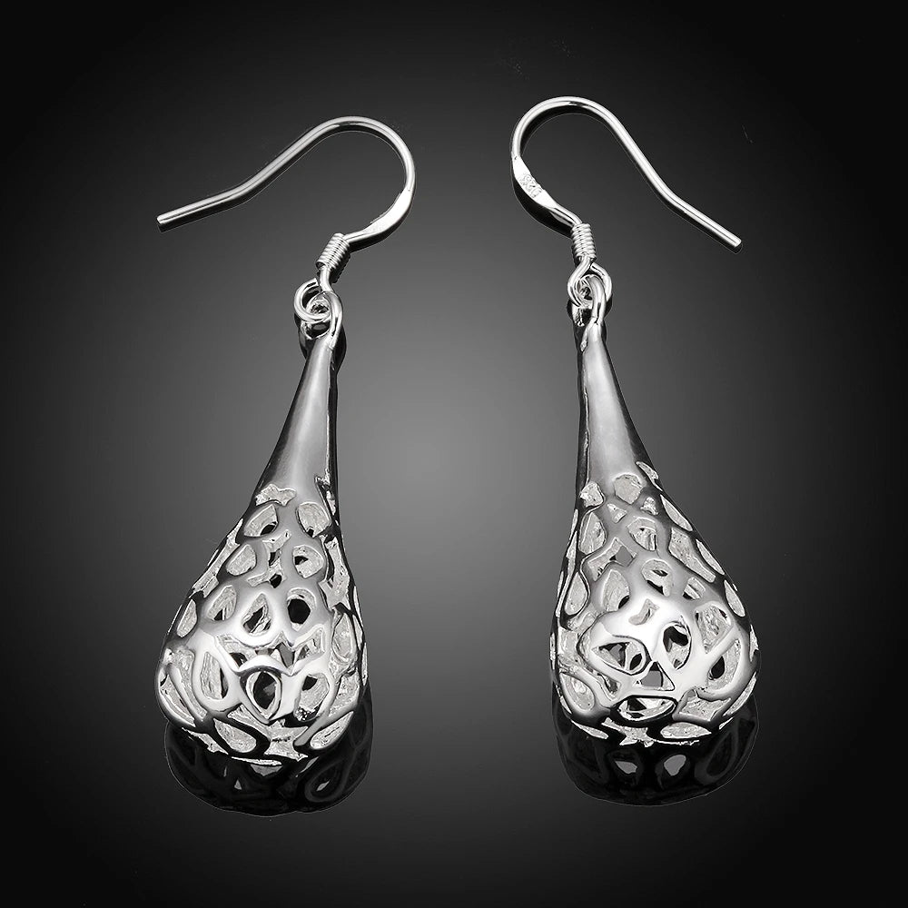 925 Sterling Silver Hollow water drop Earrings