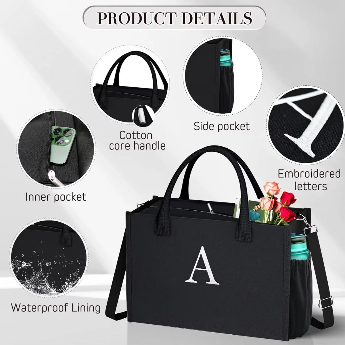 Canvas Tote Bag Set With Letter Embroidery Large Waterproof - Free Shipping