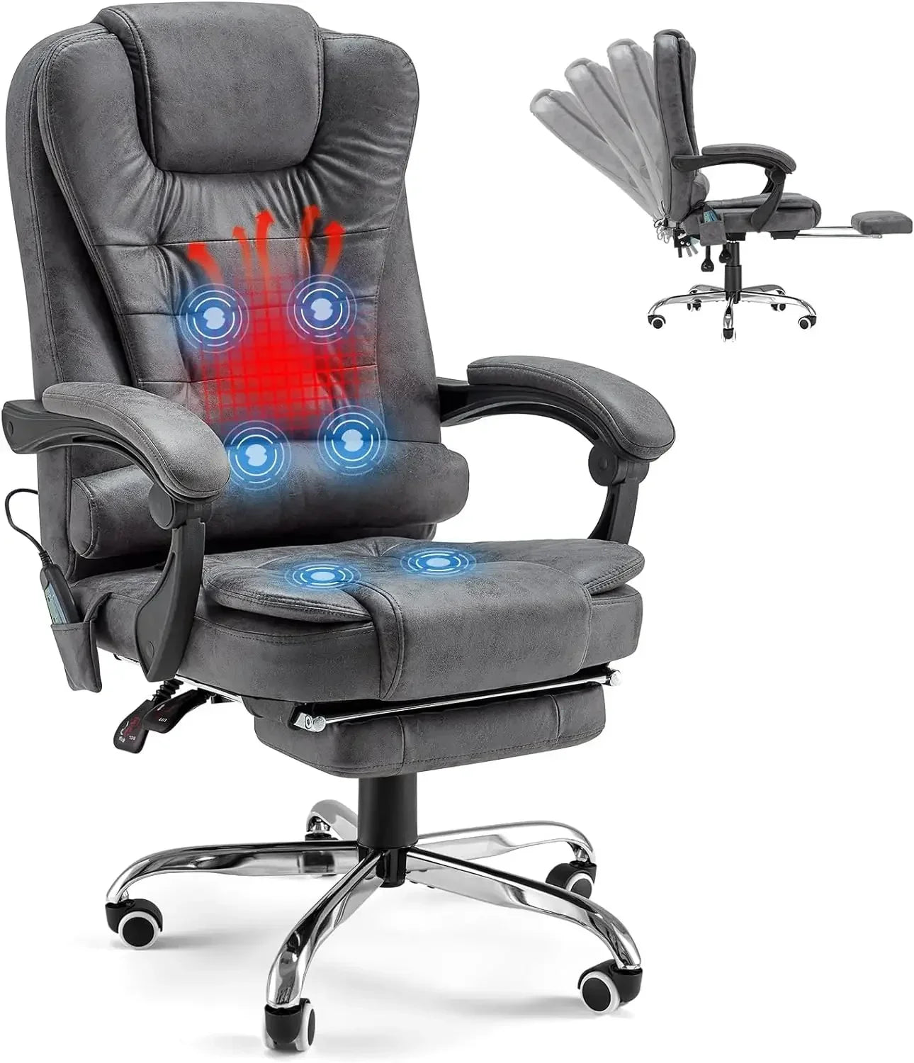 Ergonomic  Leather Reclining Heat & Massage High Back Desk Chair w/Retractable Footrest,