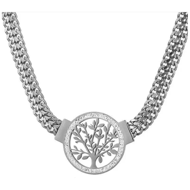 Stainless Steel Jewelry Set: Tree of Life Necklace, Bracelet & Hoop Earrings with Cubic Zirconia Accents