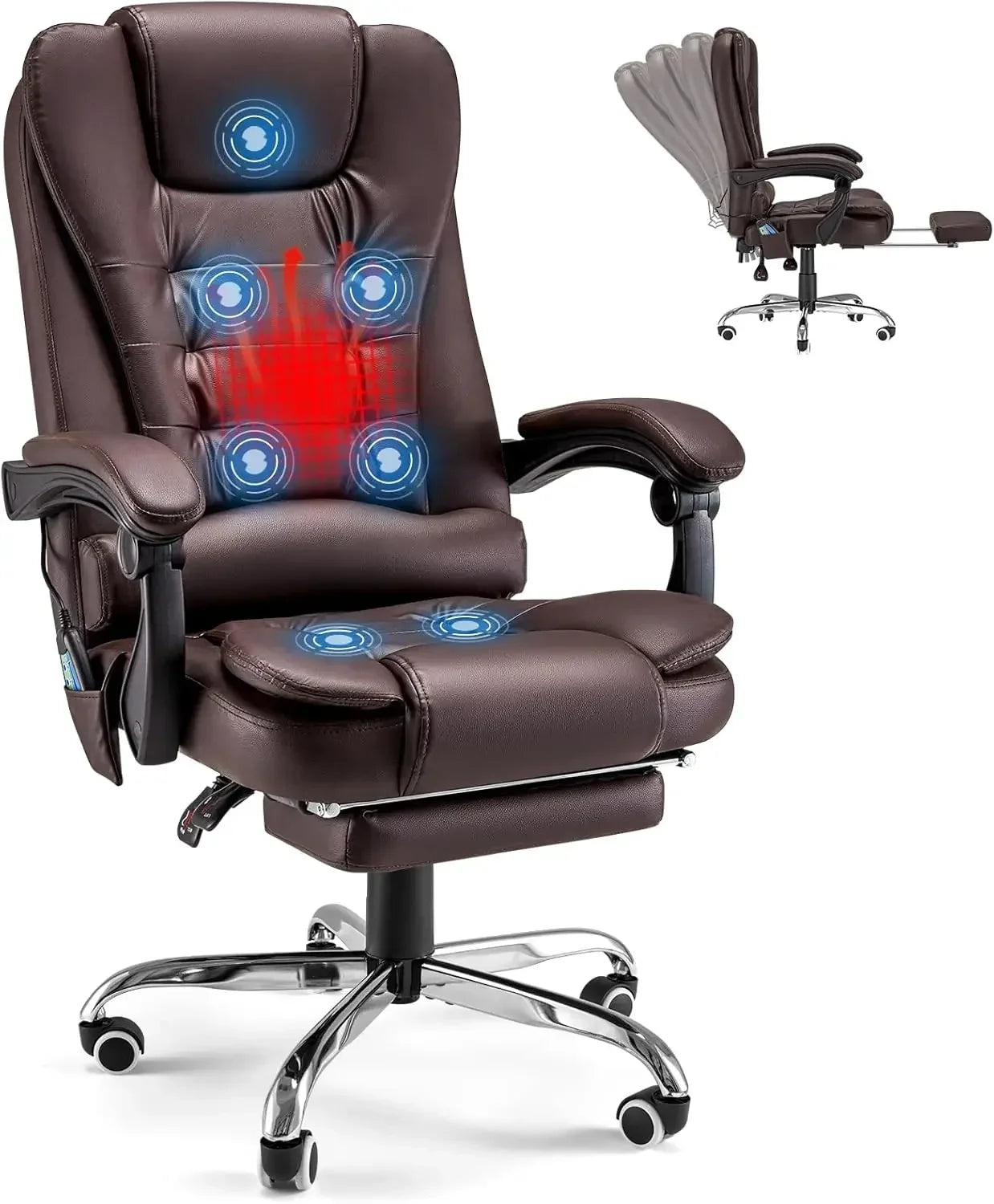 Ergonomic  Leather Reclining Heat & Massage High Back Desk Chair w/Retractable Footrest,