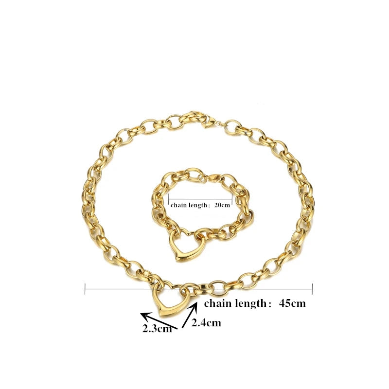 Stainless Steel Heart Pendant Necklace & Bracelet Set