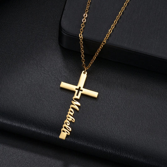 Custom Name Cross Necklace, Stainless Steel Link Chain Necklace