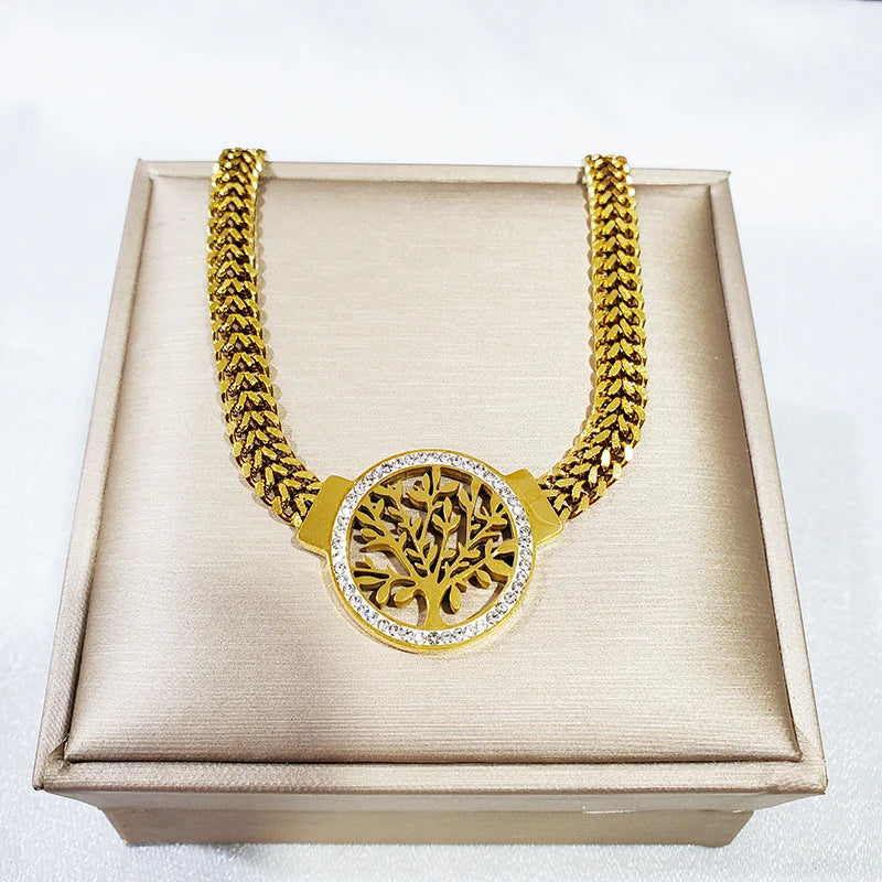 Stainless Steel Jewelry Set: Tree of Life Necklace, Bracelet & Hoop Earrings with Cubic Zirconia Accents