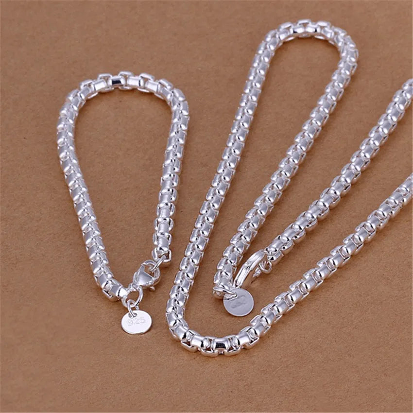 45-60cm 925 Sterling Silver 4mm Round Box Chain Necklace Bracelet set