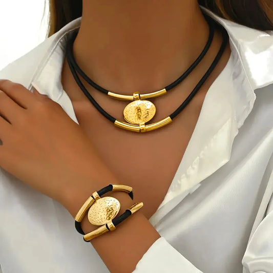 Vintage Oval Metal Faux Leather Necklace Bracelet For Women  2Pcs/Set