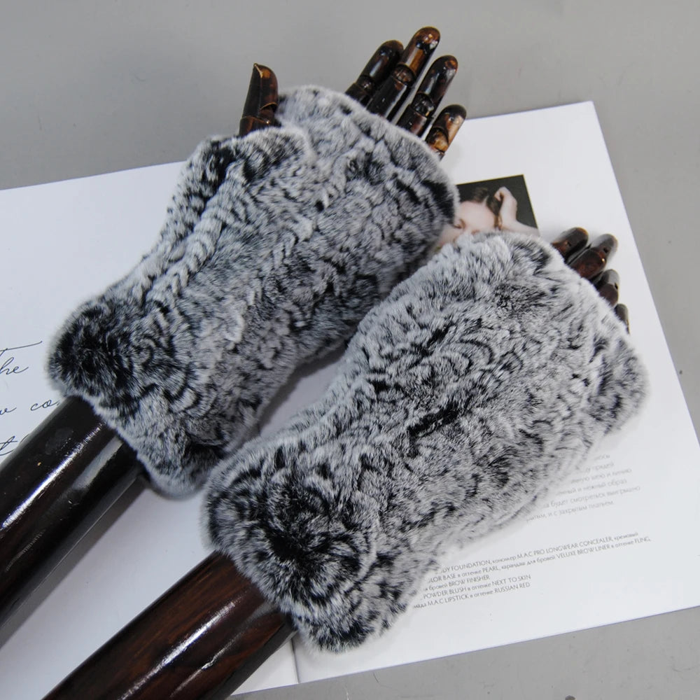 Women's Knit Fur Mitten 100% Real Genuine Knitted Rex Rabbit Fur Fingerless Gloves