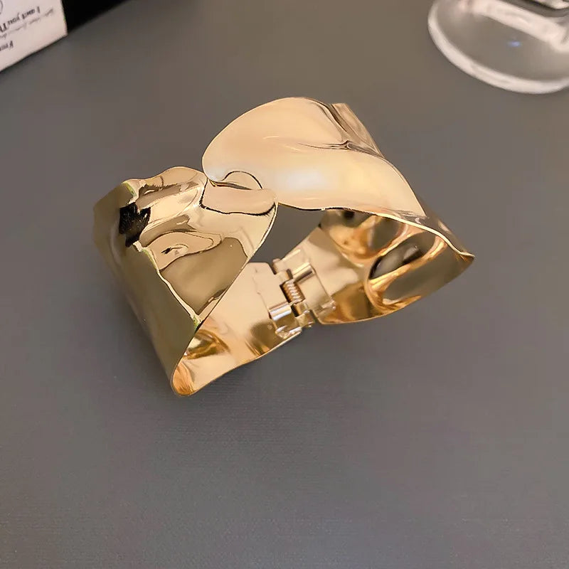 Exaggerated Golden Wide Hand Bracelet Punk Smooth Irregular Geometric Open Cuff Bangles for Women Men Wristband Jwelry Gifts