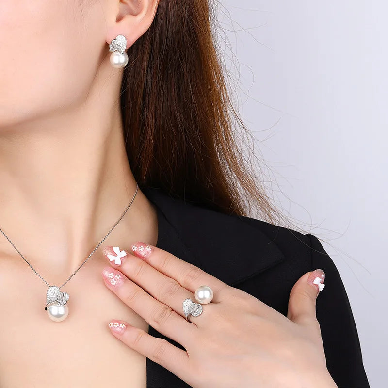 925 Sterling Silver Double Heart with Big Pearl Set