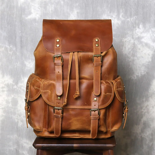 Retro Crazy Horse Leather Backpack for Mens