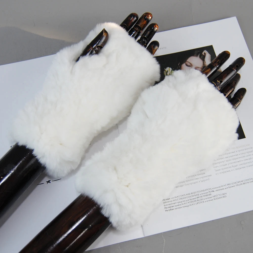 Women's Knit Fur Mitten 100% Real Genuine Knitted Rex Rabbit Fur Fingerless Gloves