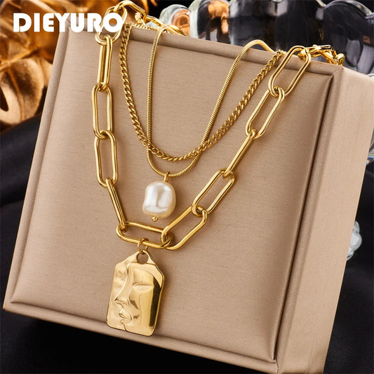 Stainless Steel 3-Layer Pearl Square Portrait Pendant Necklace For Women