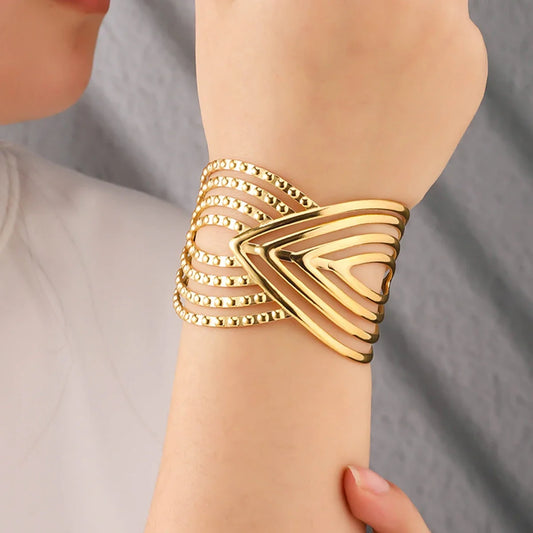Hollow Geometry Opening Cuff Bangles for Women Gold-plated Stainless Steel
