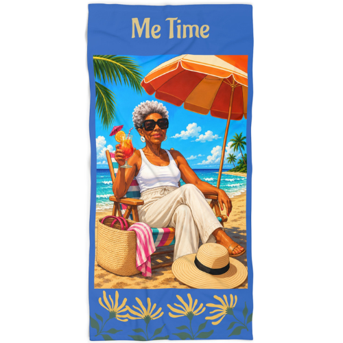 Me Time Beach Towel — Relaxing Retro Beach Scene with 'Me Time' Text