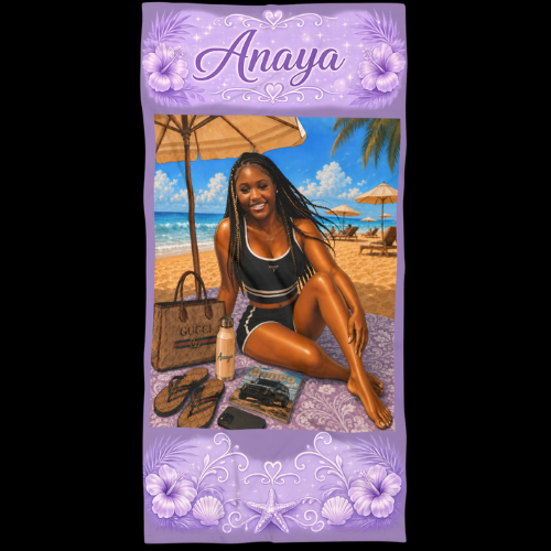 Personalized Purple Beach Towel — Tropical Portrait with Name