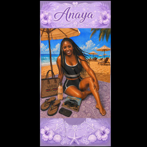 Personalized Purple Beach Towel — Tropical Portrait with Name