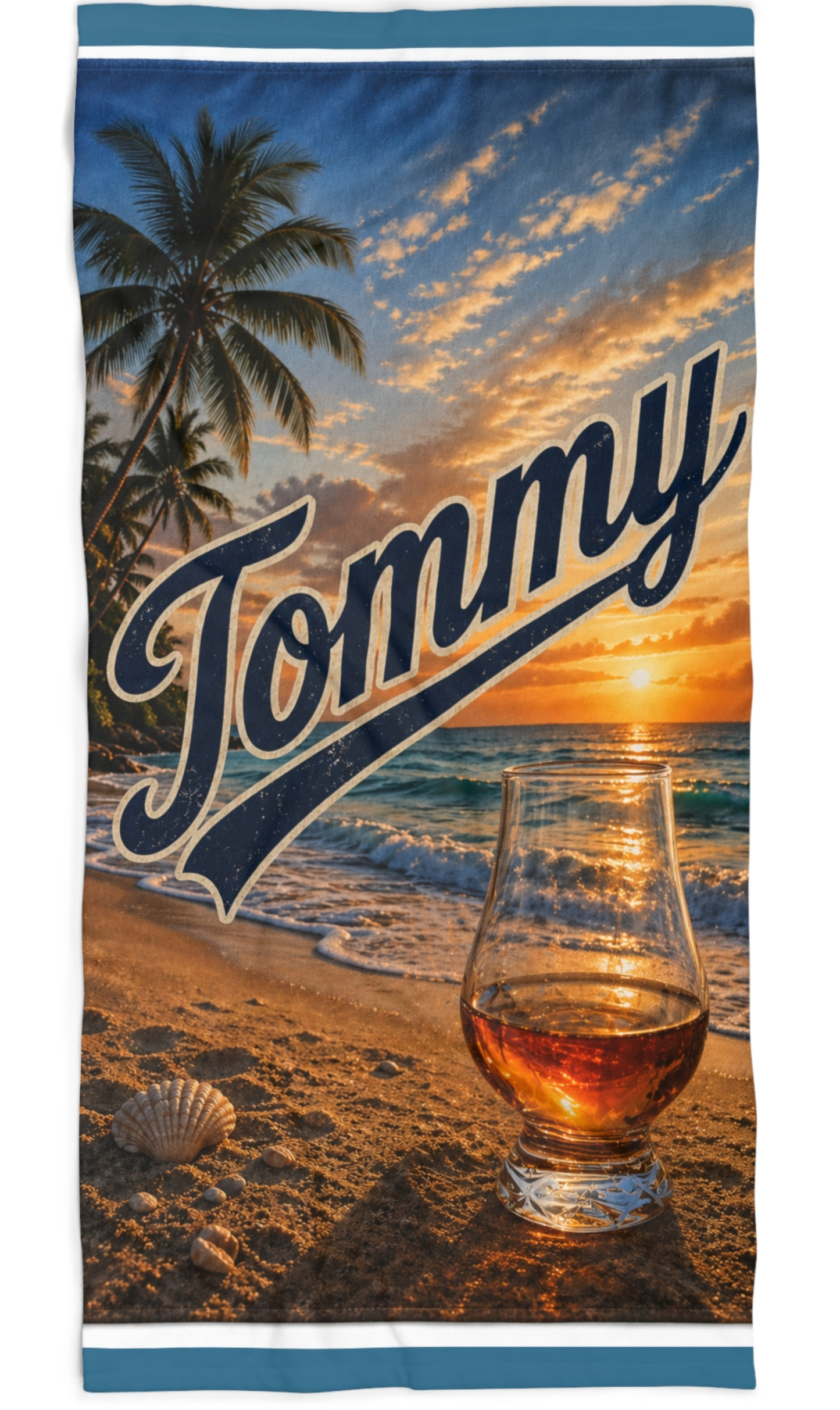 Personalized Man or Woman "with Name"Sunset Beach Towel – Tropical Palm & Cocktail Design