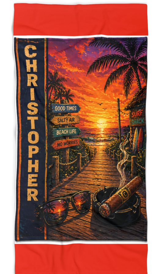 Personalized Beach Towel for HIM— Retro Tropical Shell & Palm Design