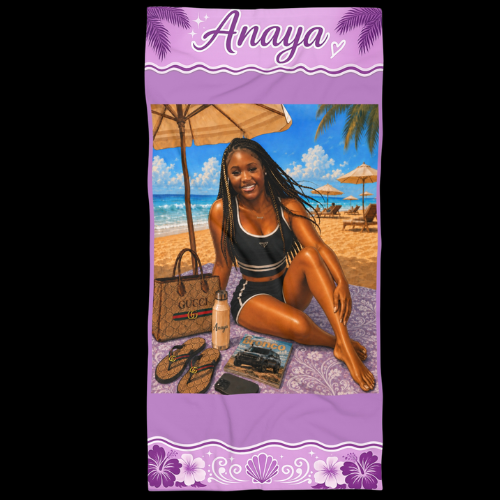 Beach Towel — Tropical Beach Scene with Teen in Swimsuit, Purple Border