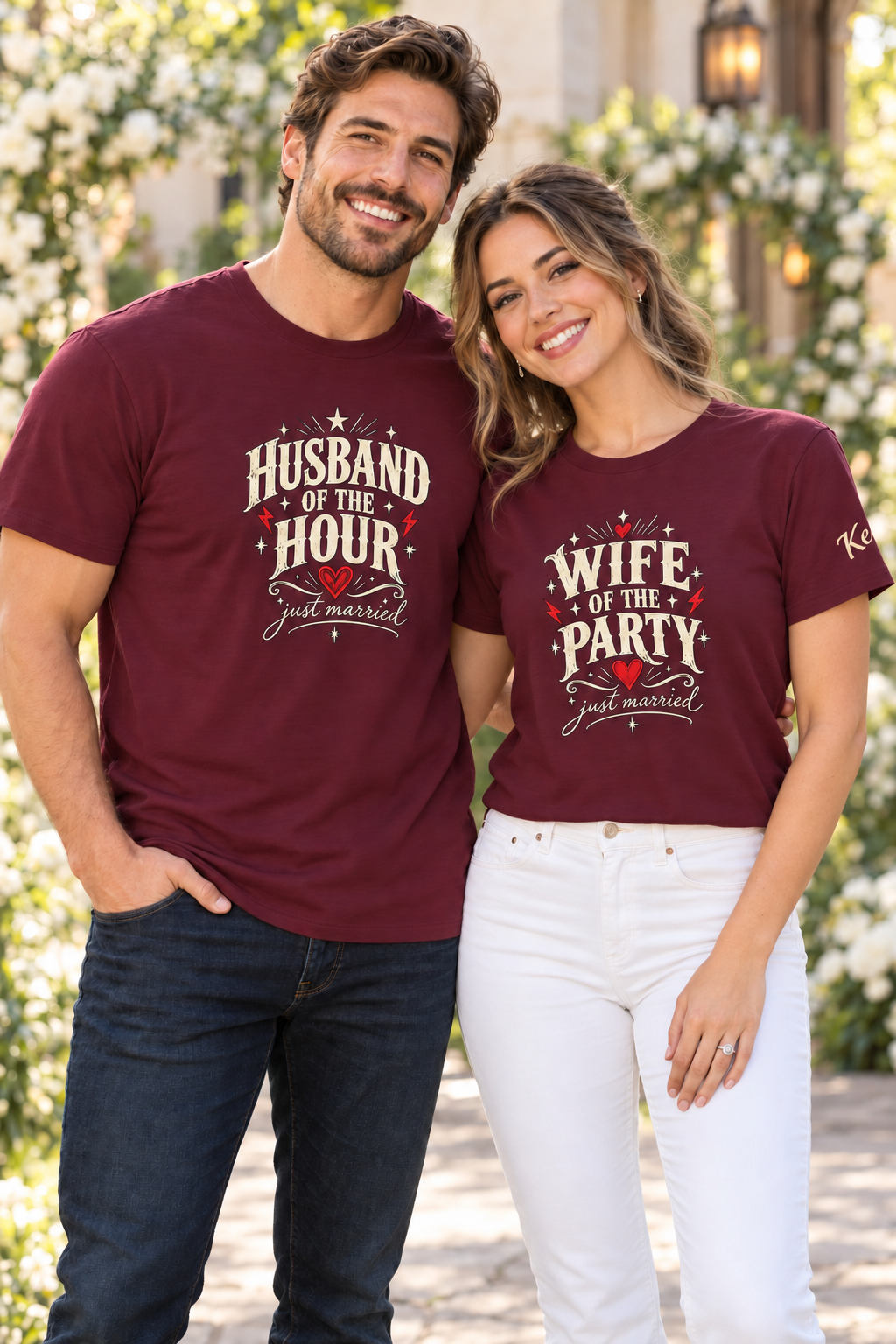 Personalized “Husband Hour” and “Wife of the Party” Wedding T-Shirts With Custom Sleeve Names