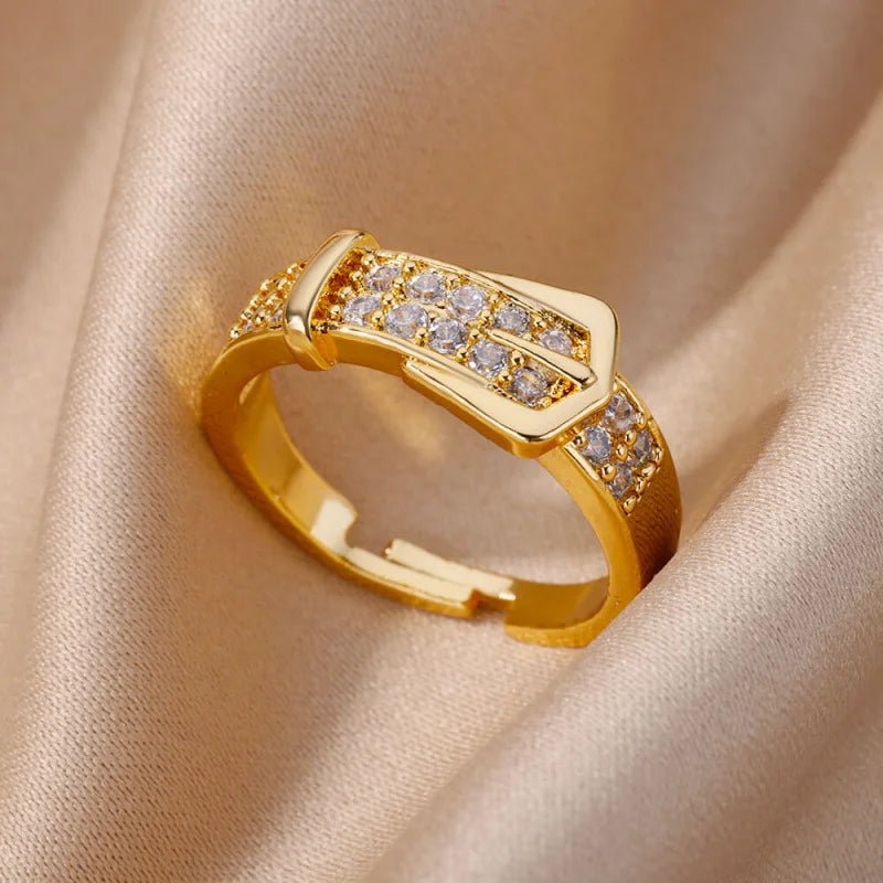 Adjustable Chic Gold Color Buckle Shaped Ring With Sparkling Zircona - BeeBeeBuys