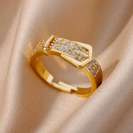 Adjustable Chic Gold Color Buckle Shaped Ring With Sparkling Zircona - BeeBeeBuys