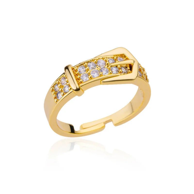 Adjustable Chic Gold Color Buckle Shaped Ring With Sparkling Zircona - BeeBeeBuys
