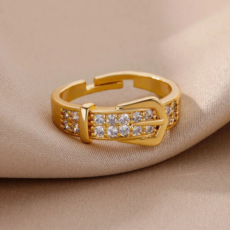 Adjustable Chic Gold Color Buckle Shaped Ring With Sparkling Zircona - BeeBeeBuys