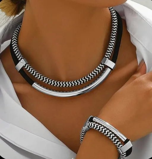 Black and White Metal Tube Exaggerated Necklace Bracelet Set - Buy One Get One Free 🔥 - BeeBeeBuys