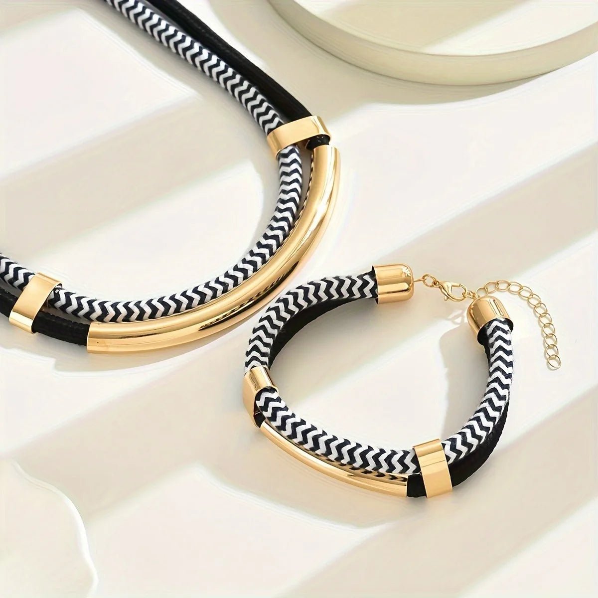 Black and White Metal Tube Exaggerated Necklace Bracelet Set - Buy One Get One Free 🔥 - BeeBeeBuys