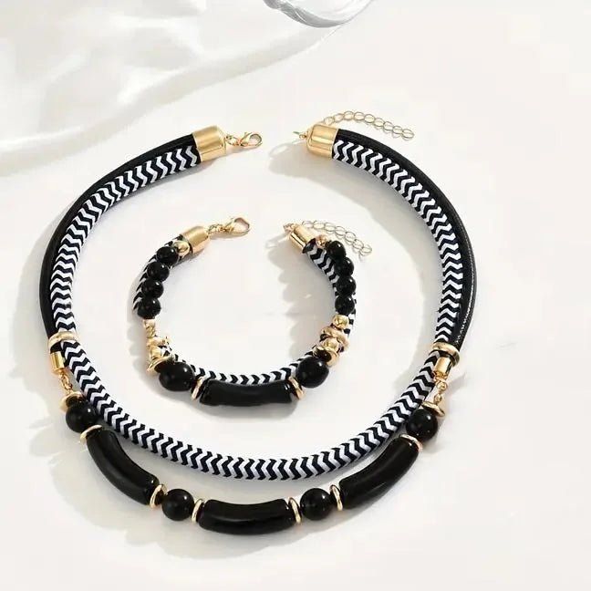 Black and White Metal Tube Exaggerated Necklace Bracelet Set - Buy One Get One Free 🔥 - BeeBeeBuys