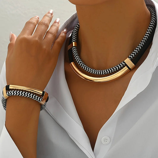 Black and White Metal Tube Exaggerated Necklace Bracelet Set - Buy One Get One Free 🔥 - BeeBeeBuys