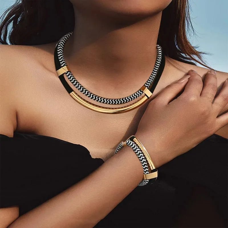 Black and White Metal Tube Exaggerated Necklace Bracelet Set - Buy One Get One Free 🔥 - BeeBeeBuys