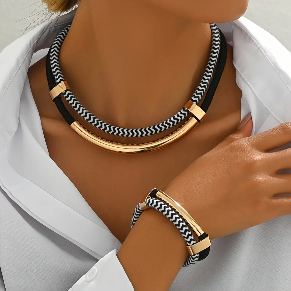 Black and White Metal Tube Exaggerated Necklace Bracelet Set - Buy One Get One Free 🔥 - BeeBeeBuys