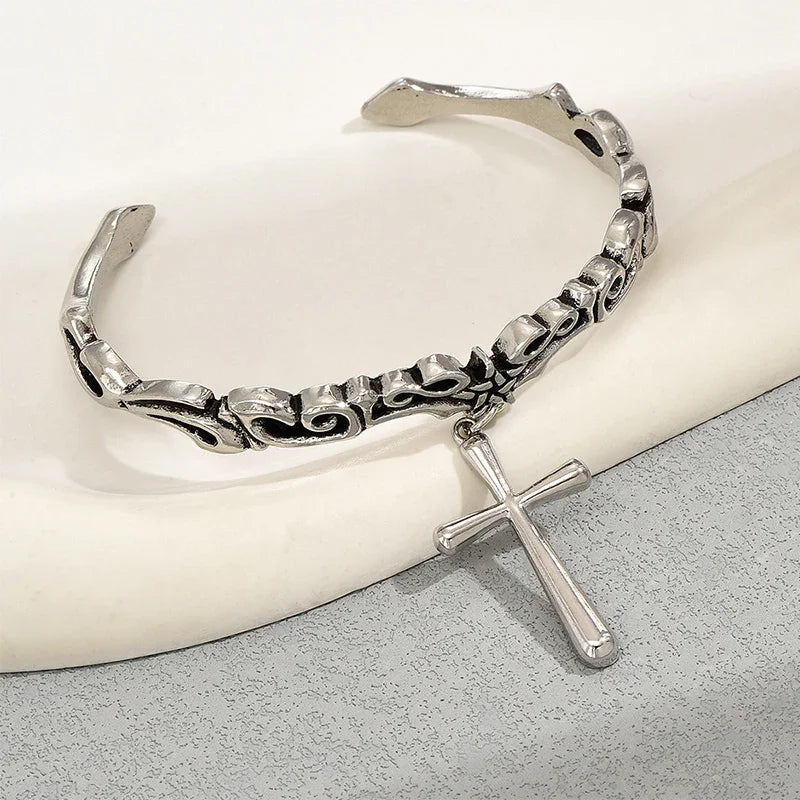 Bohemian Vintage Cross Charm Carved Cuff Open Bangle (Unisex) - BeeBeeBuys