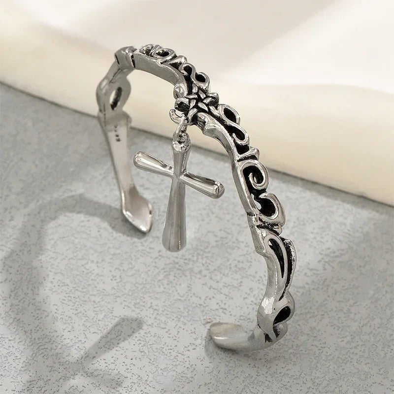 Bohemian Vintage Cross Charm Carved Cuff Open Bangle (Unisex) - BeeBeeBuys