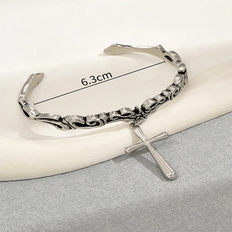 Bohemian Vintage Cross Charm Carved Cuff Open Bangle (Unisex) - BeeBeeBuys