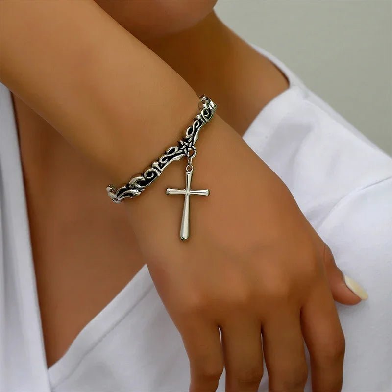 Bohemian Vintage Cross Charm Carved Cuff Open Bangle (Unisex) - BeeBeeBuys