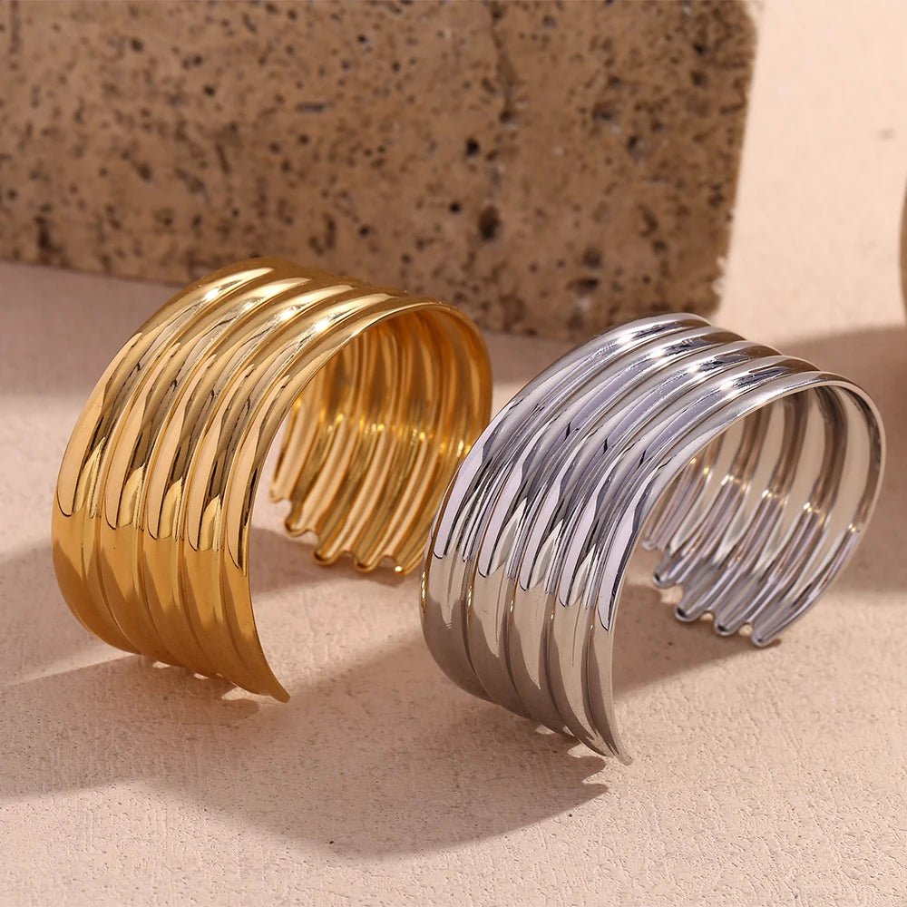 E.B.belle Exaggerated Multi layered Wide Faced Open Bracelet 18K Gold Plated Jewelry 316L Stainless Steel Women's Hand Bracelets - BeeBeeBuys