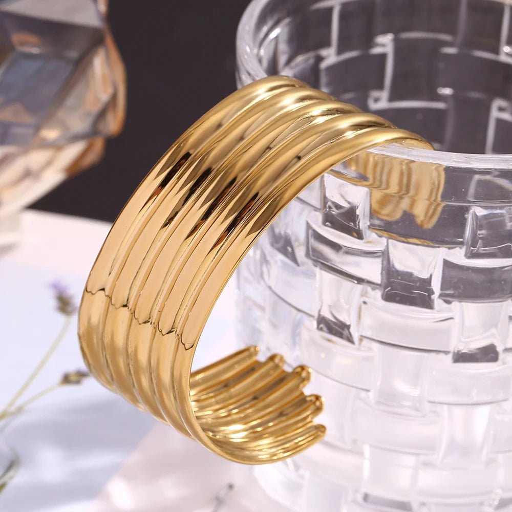 E.B.belle Exaggerated Multi layered Wide Faced Open Bracelet 18K Gold Plated Jewelry 316L Stainless Steel Women's Hand Bracelets - BeeBeeBuys