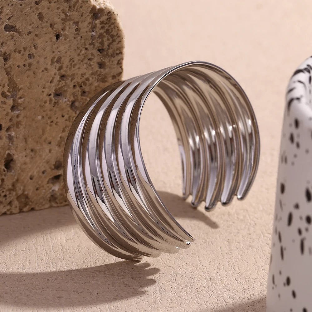 E.B.belle Exaggerated Multi layered Wide Faced Open Bracelet 18K Gold Plated Jewelry 316L Stainless Steel Women's Hand Bracelets - BeeBeeBuys