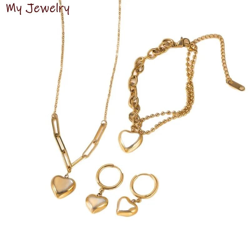 Elegant Simple Bracelet Love Earrings Heart - shaped Pendant Necklace Women's Set - BeeBeeBuys