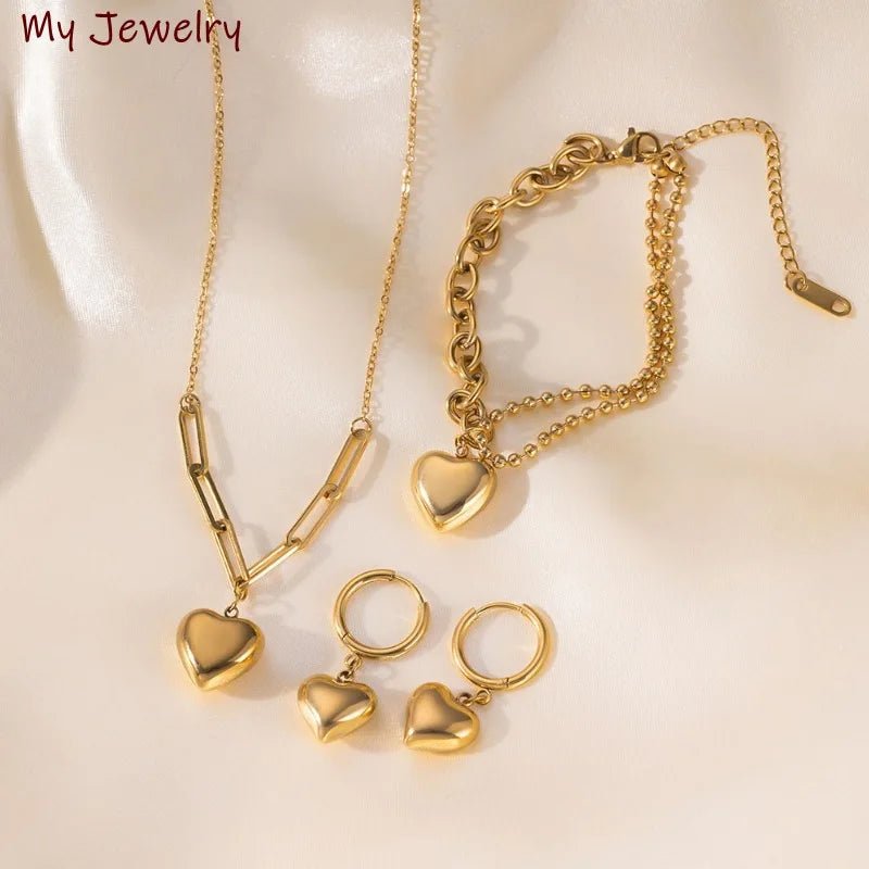 Elegant Simple Bracelet Love Earrings Heart - shaped Pendant Necklace Women's Set - BeeBeeBuys