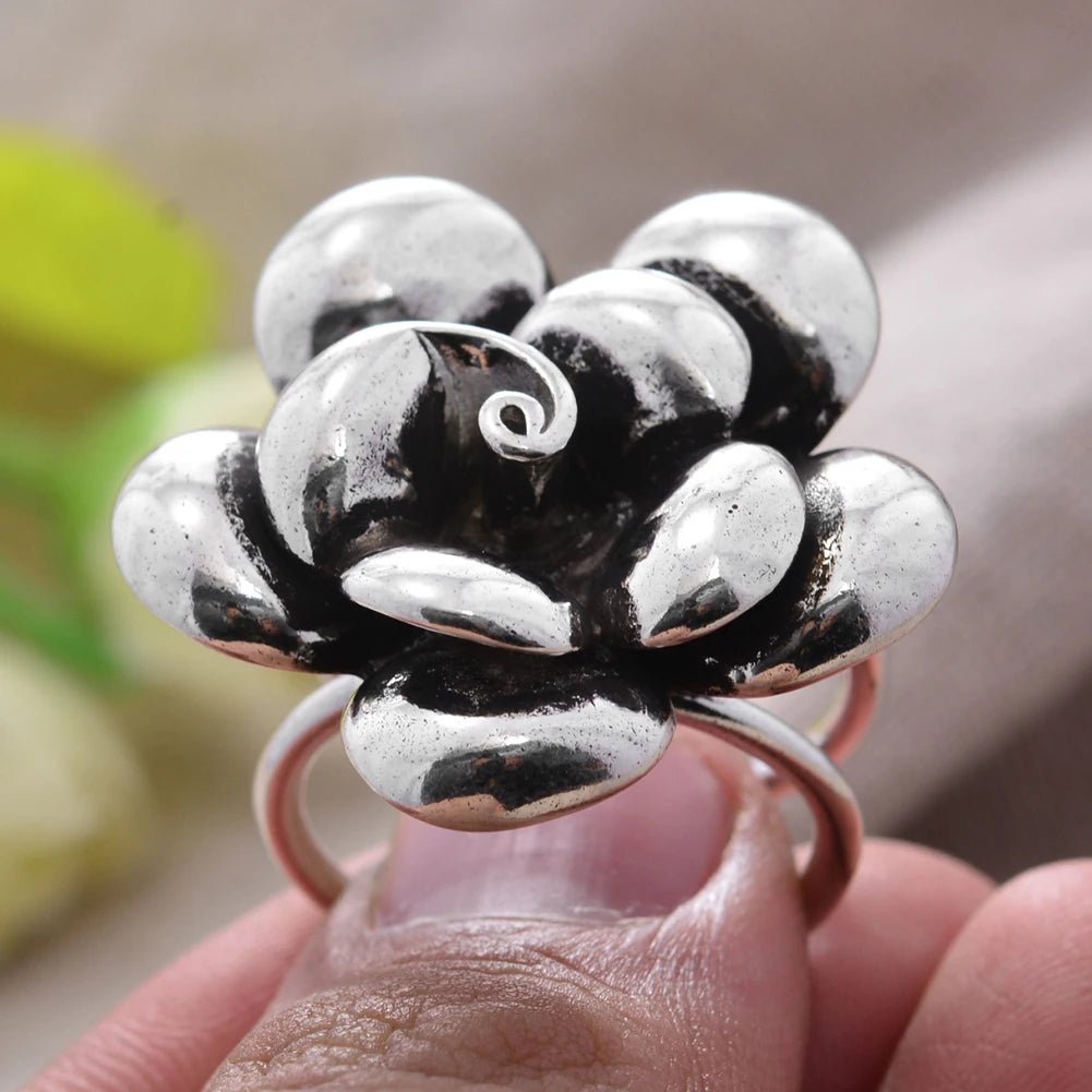 Exaggerate Big Flower Thai Silver Ladies Party Ring - BeeBeeBuys