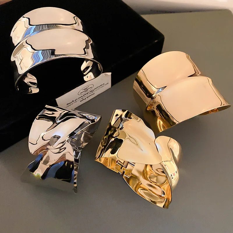 Exaggerated Golden Wide Hand Bracelet Punk Smooth Irregular Geometric Open Cuff Bangles for Women Men Wristband Jwelry Gifts - BeeBeeBuys